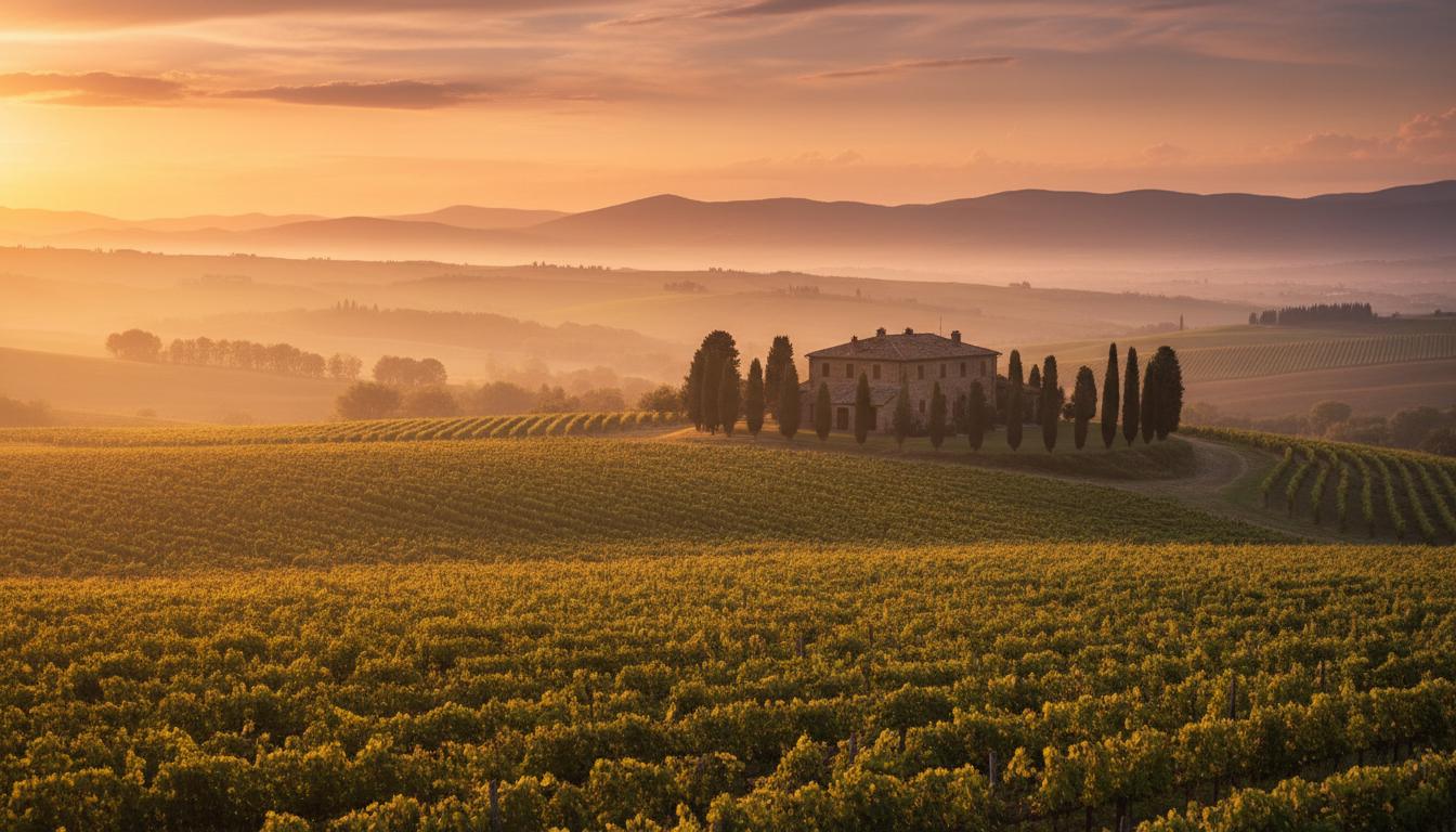 Tuscan vineyard at sunset